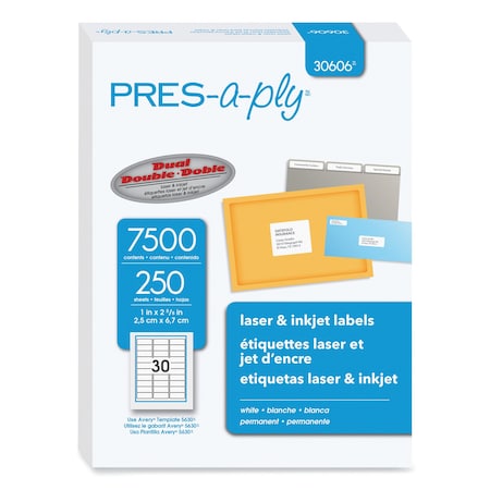 Pres-A-Ply Labels, Laser Printers, 1 x 2.63, White, PK7500 30606